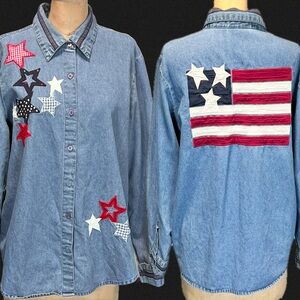 VINTAGE patriotic flag shirt embroidered American stars strips denim jean cotton